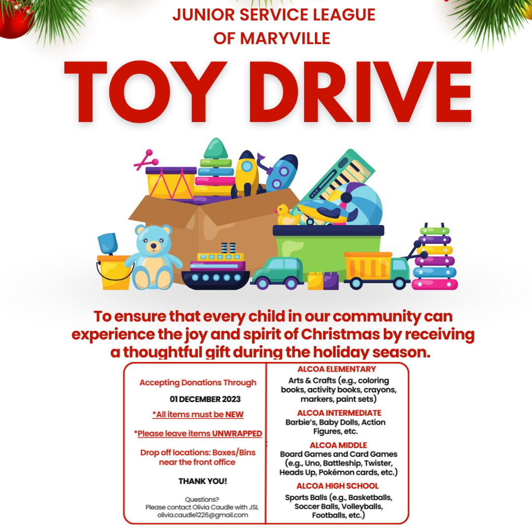 Alcoa City Schools is participating in the JSL Toy Drive.  Now through December 1st, families wanting to help can bring in Barbies, Baby Dolls, Action Figures, etc. to the donation box inside the AIS commons area.  